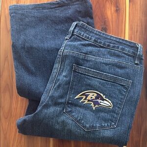 Blue Denim slight boot cut Jeans with Embroidered Ravens Logo